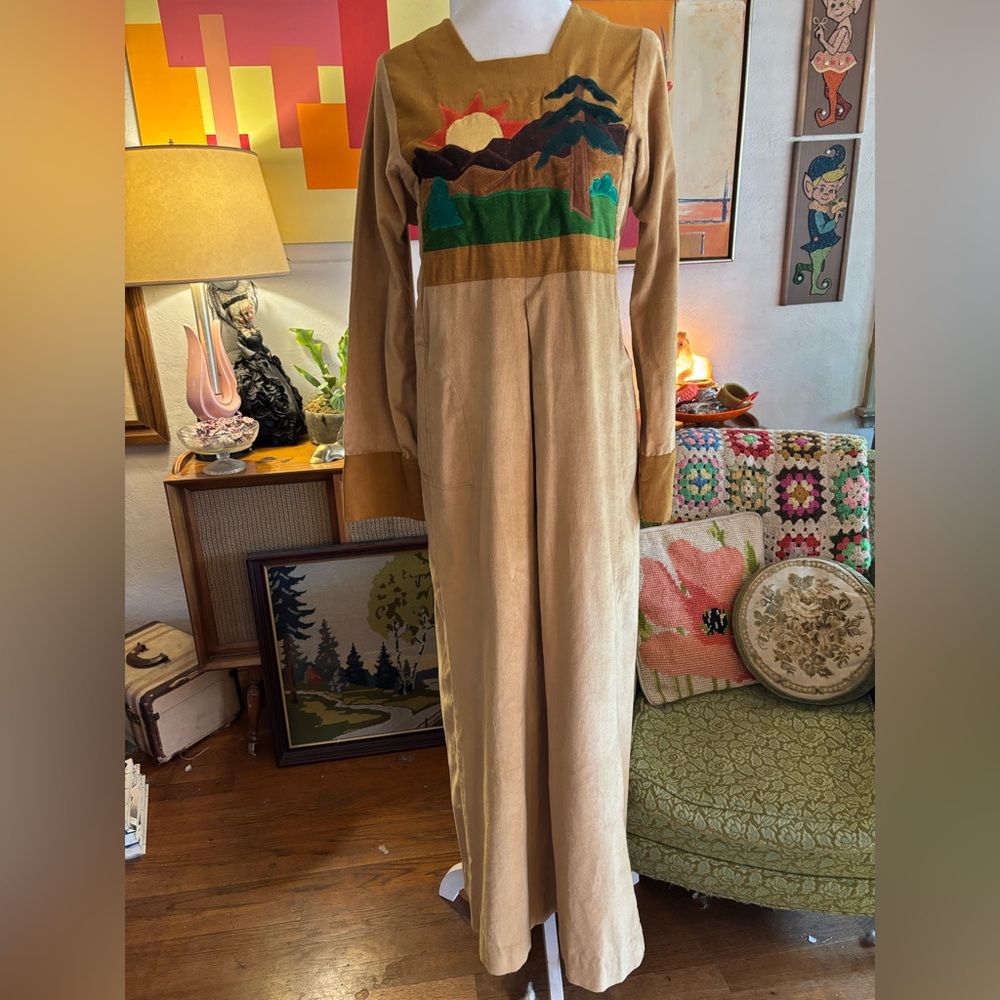 Vtg Rare Salaminder Collections Novelty Maxi Dress with Patchwork Scene